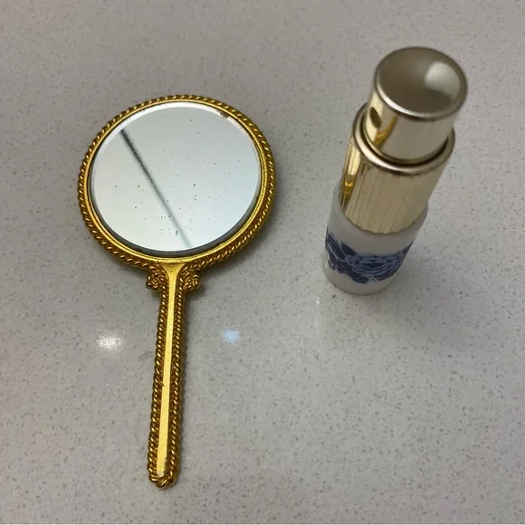 Vintage Gold and Porcelain Handheld Mirror and Atomizer Set - Picture 2 of 3